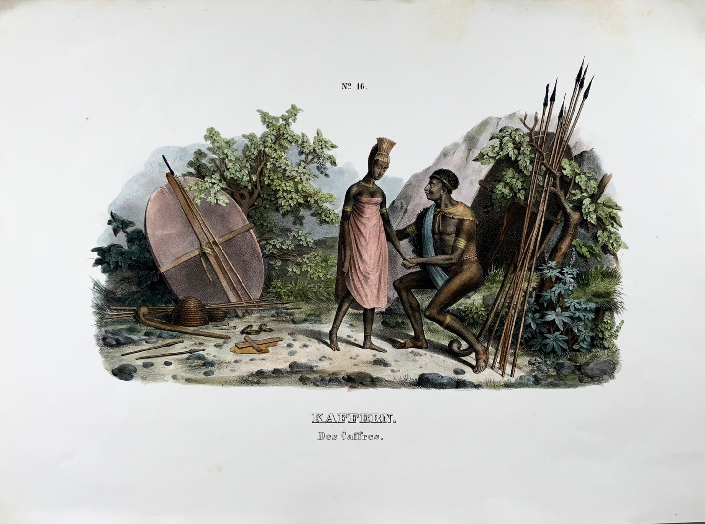 1840 South African natives, Brodtmann, hand coloured folio stone lithograph, ethnology