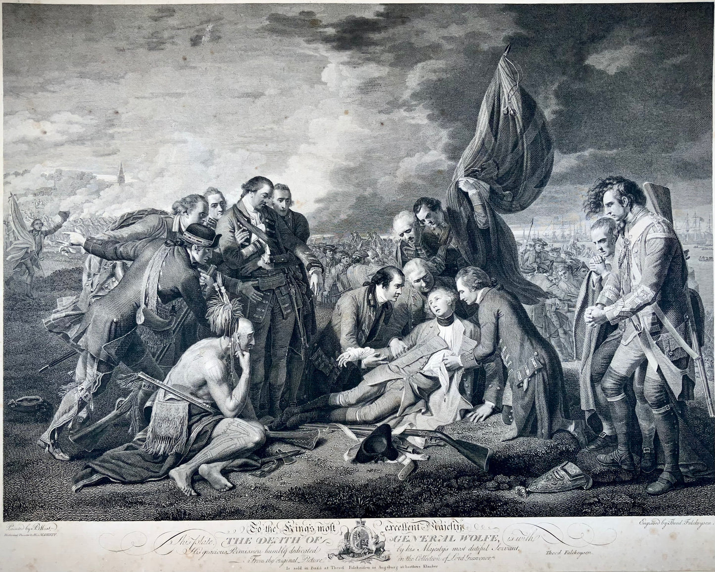 1789 "La Mort du Général Wolfe", eau-forte d'après Benjamin West, marouflée sur vélin - Art classique, Militaire