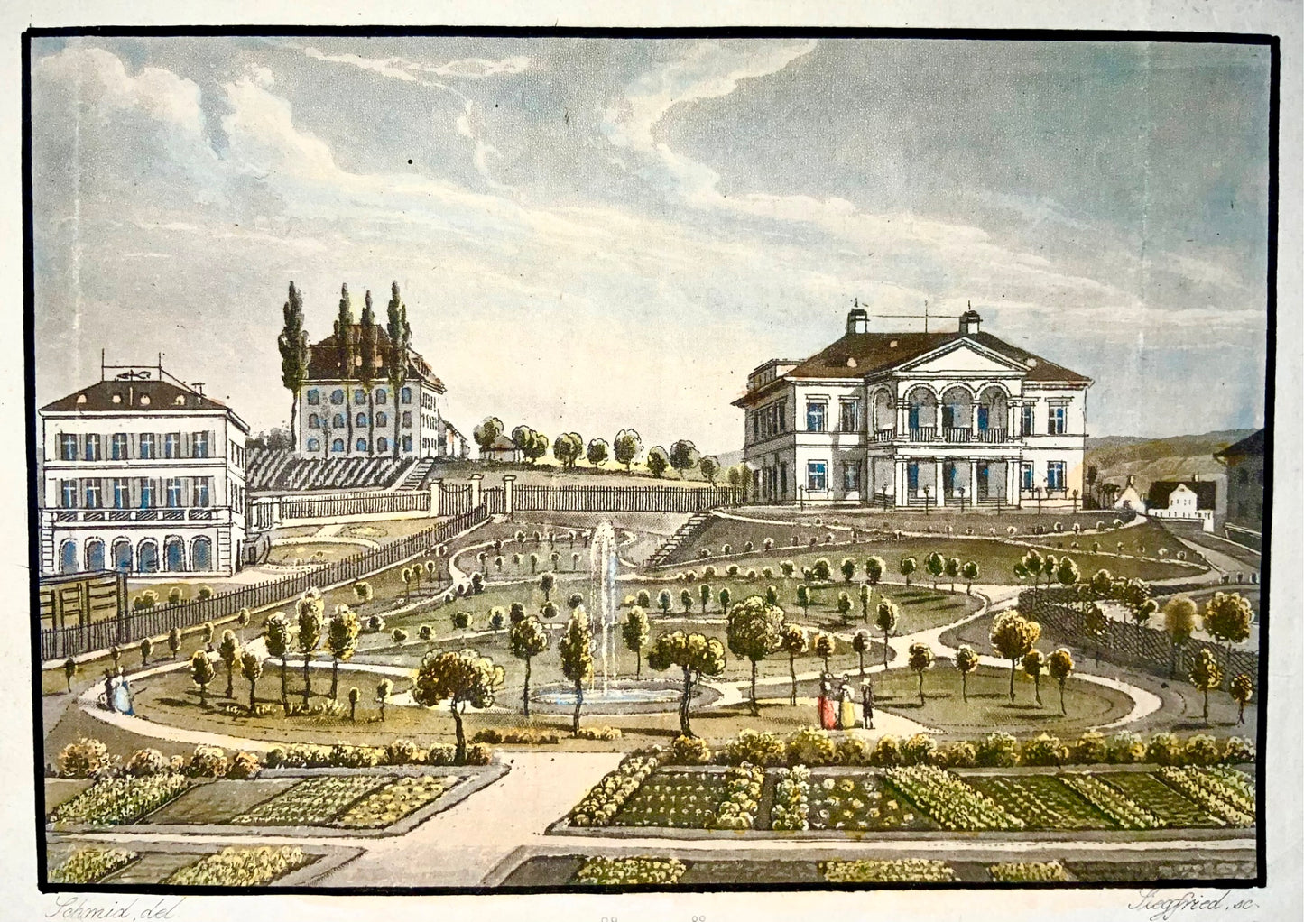 1840c Parc Schönbühl, Zurich, Suisse, Schmidt, aquatinte, couleur à la main