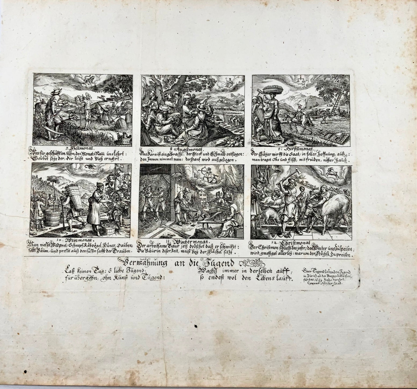 1663 Broadsides (2) with 12 engravings, Farming Calendar, Conrad Meyer