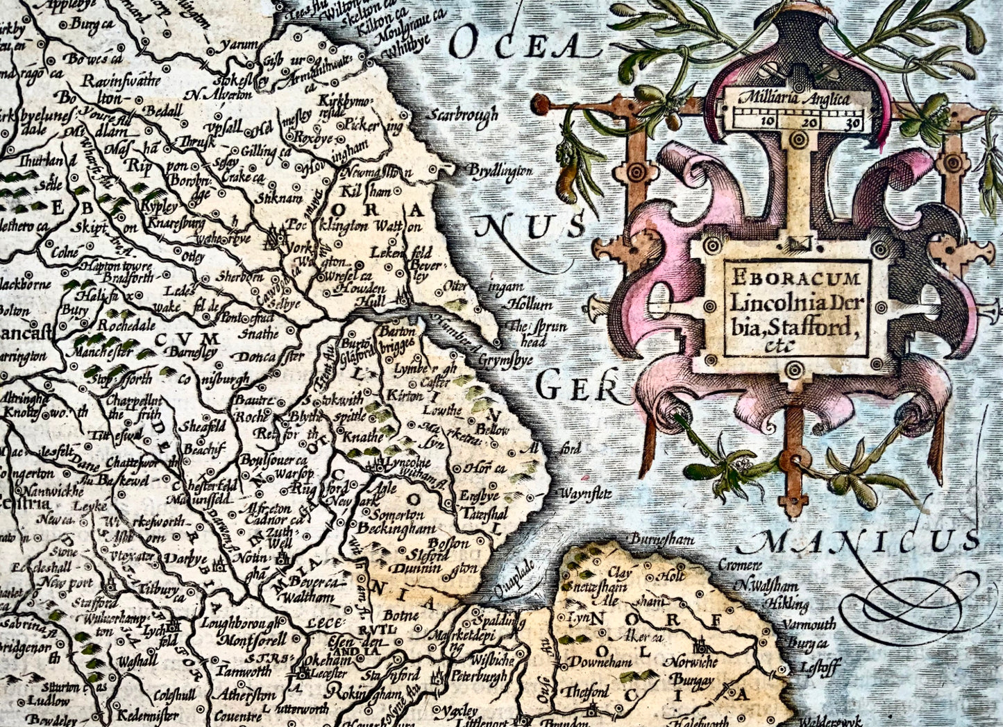 1610 Norfolk, Lincolnshire, Cambridgeshire. Mappa colorata a mano di Hondius