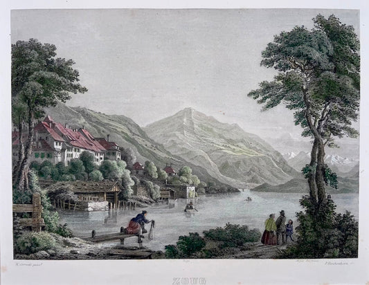 1850 Zoug Zug, Svizzera, grande acquatinta colorata a mano, Corradi