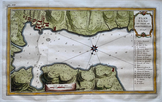1754 ca. Bellin - Plan of the Bay and City of Portobelo, Panama - Map