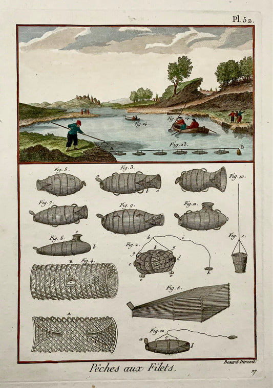 1793 Panckoucke, Pesca fluviale, reti, colorate a mano, quarto, incisione su rame, agricoltura