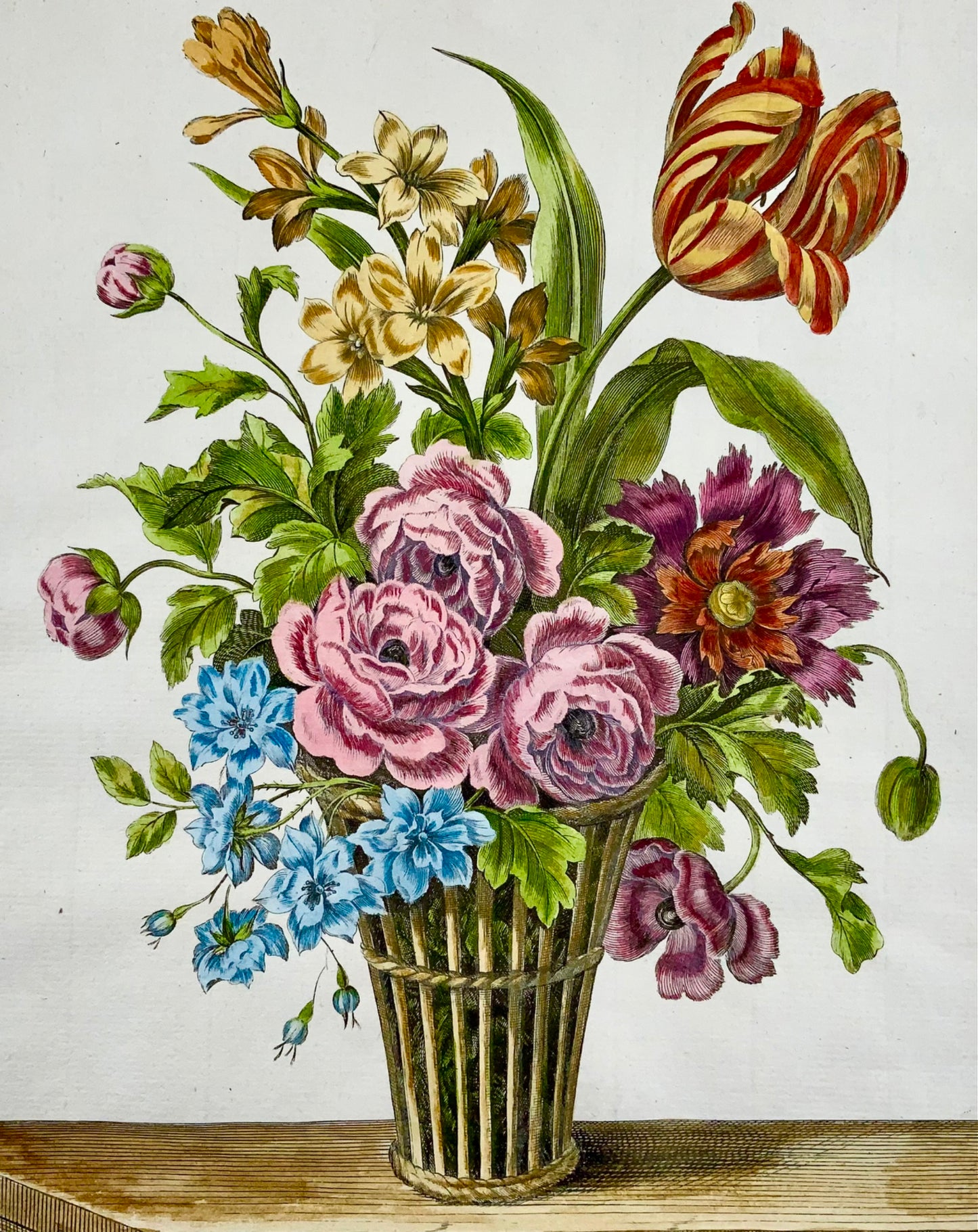 1780 Bouquet floral printanier, Louis Tessier, folio, tulipe, poésie, coloré à la main