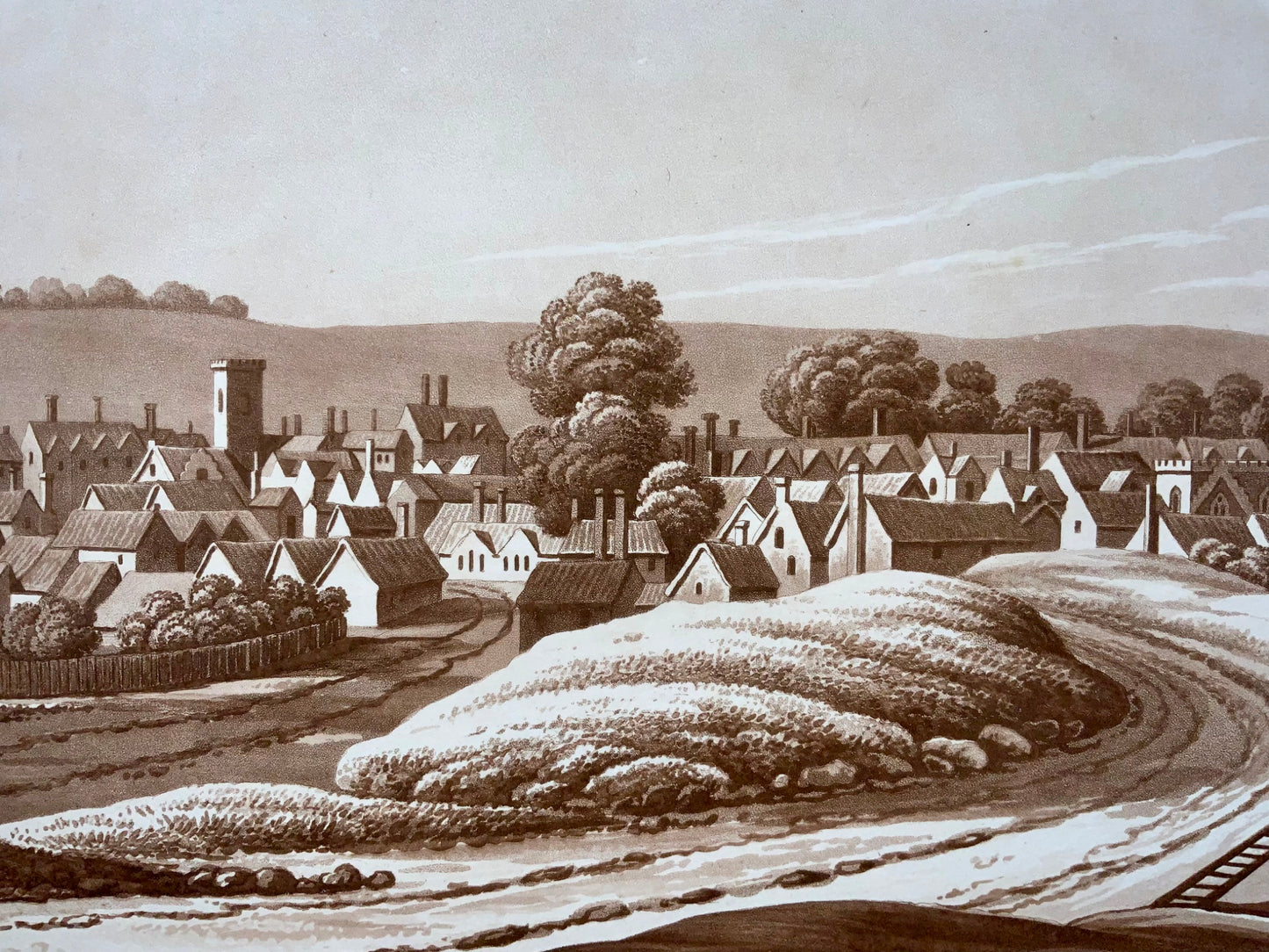 1821 Newmarket, Cambridgeshire, Sepia aquatint by Mawman after Shepherd, topography, travel