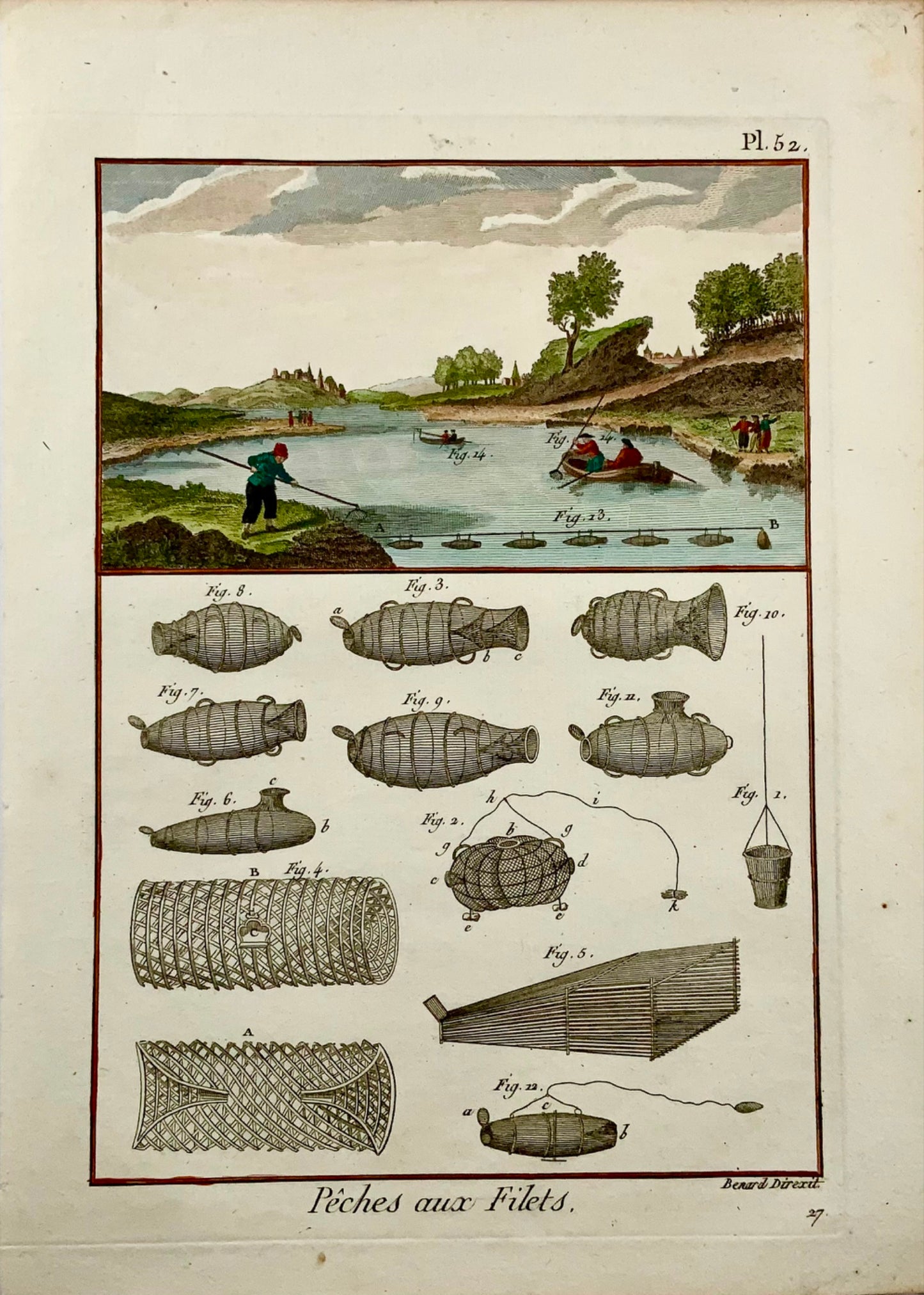 1793 Panckoucke, River Fishing, nets, hand coloured, quarto, copper engraving, agriculture