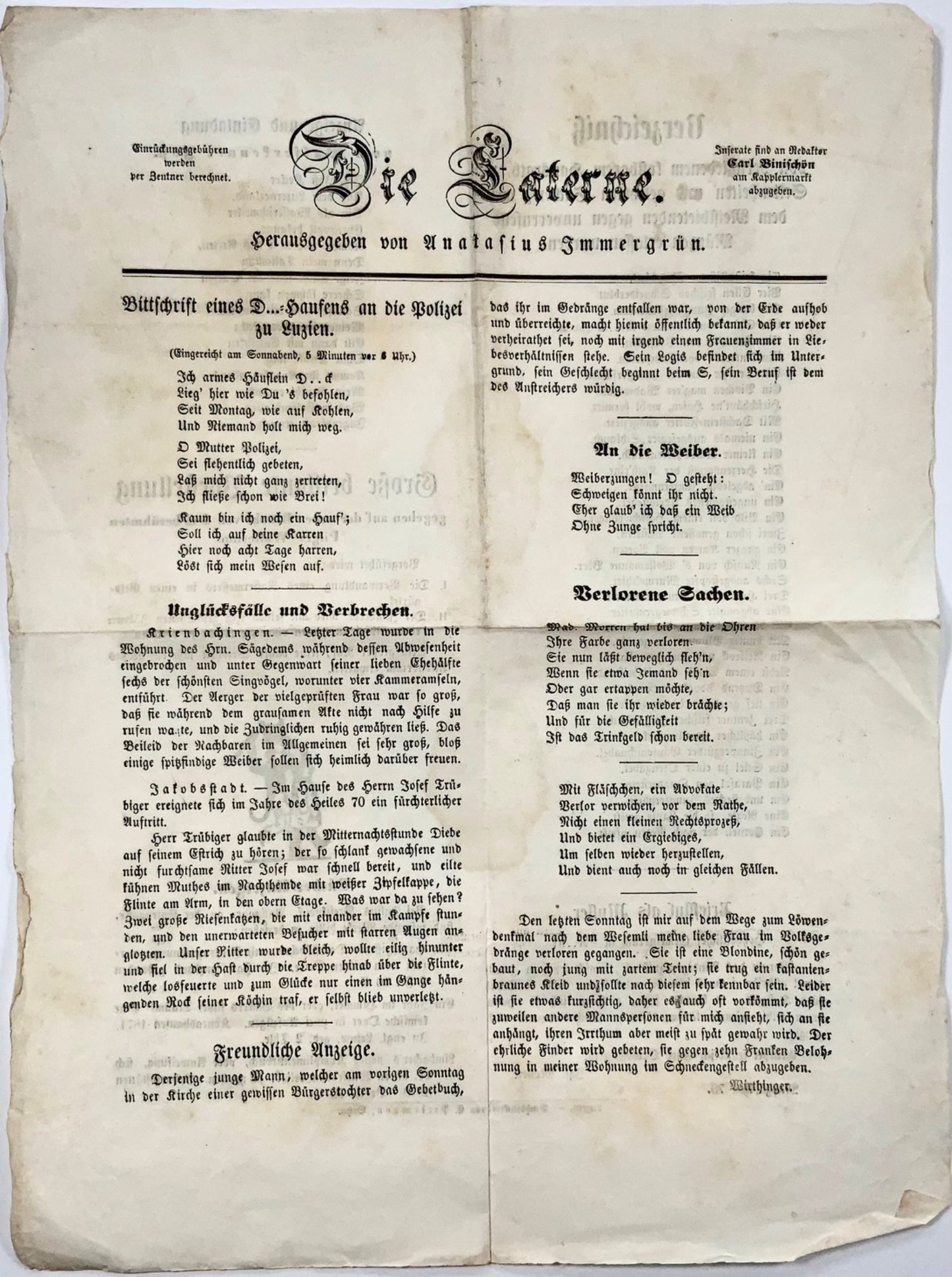 1871 Giornale di carnevale 'Die Laterne”, Lucerna, Svizzera