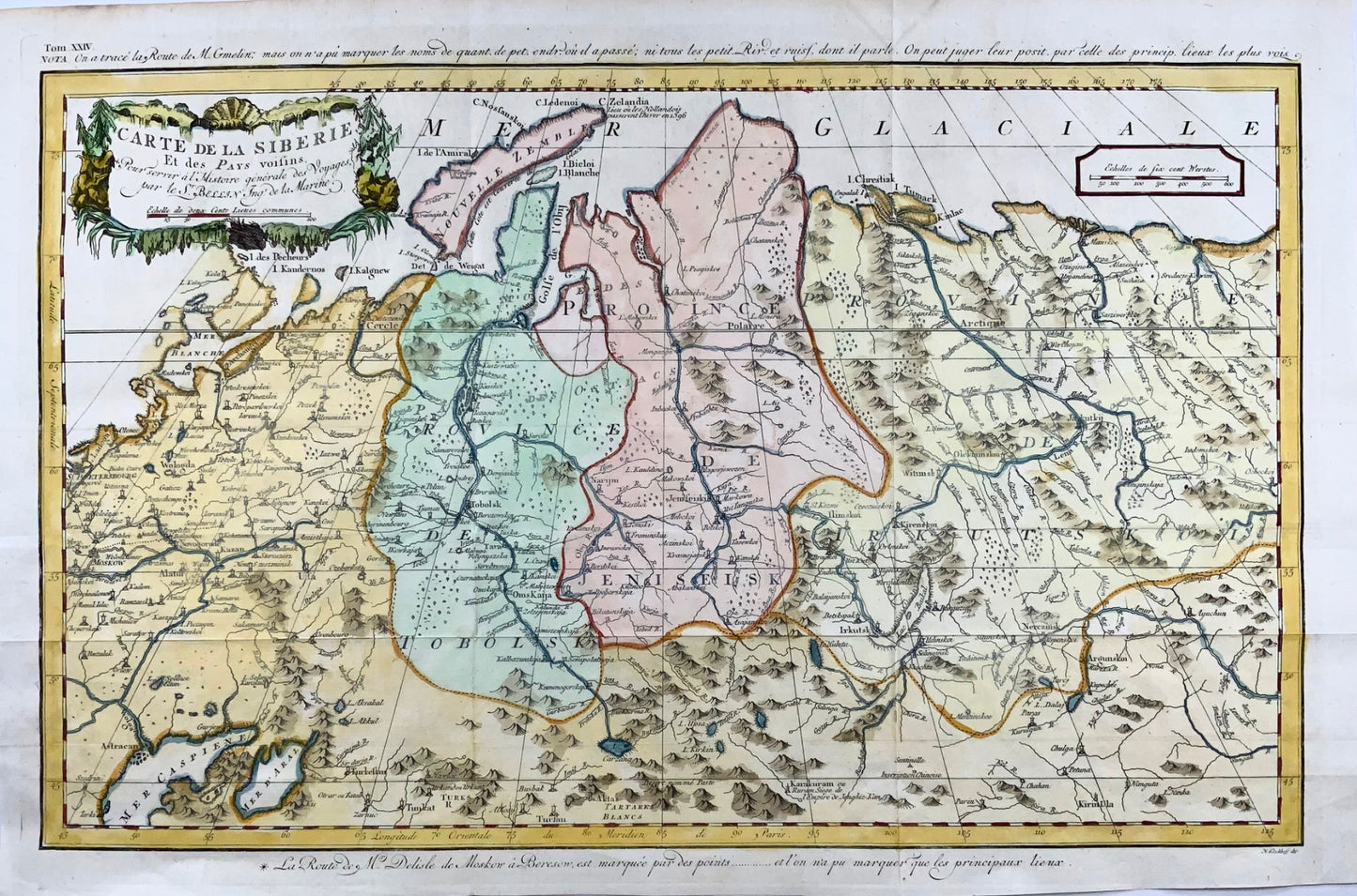 1756 JN Bellin; Schley, Sibérie, rivière Jenisi, Russie, carte colorée à la main