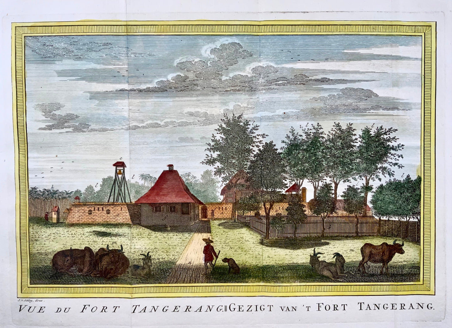 1763 J. Schley, view of Fort Tangerang, Indonesia, hand coloured folio, foreign topography