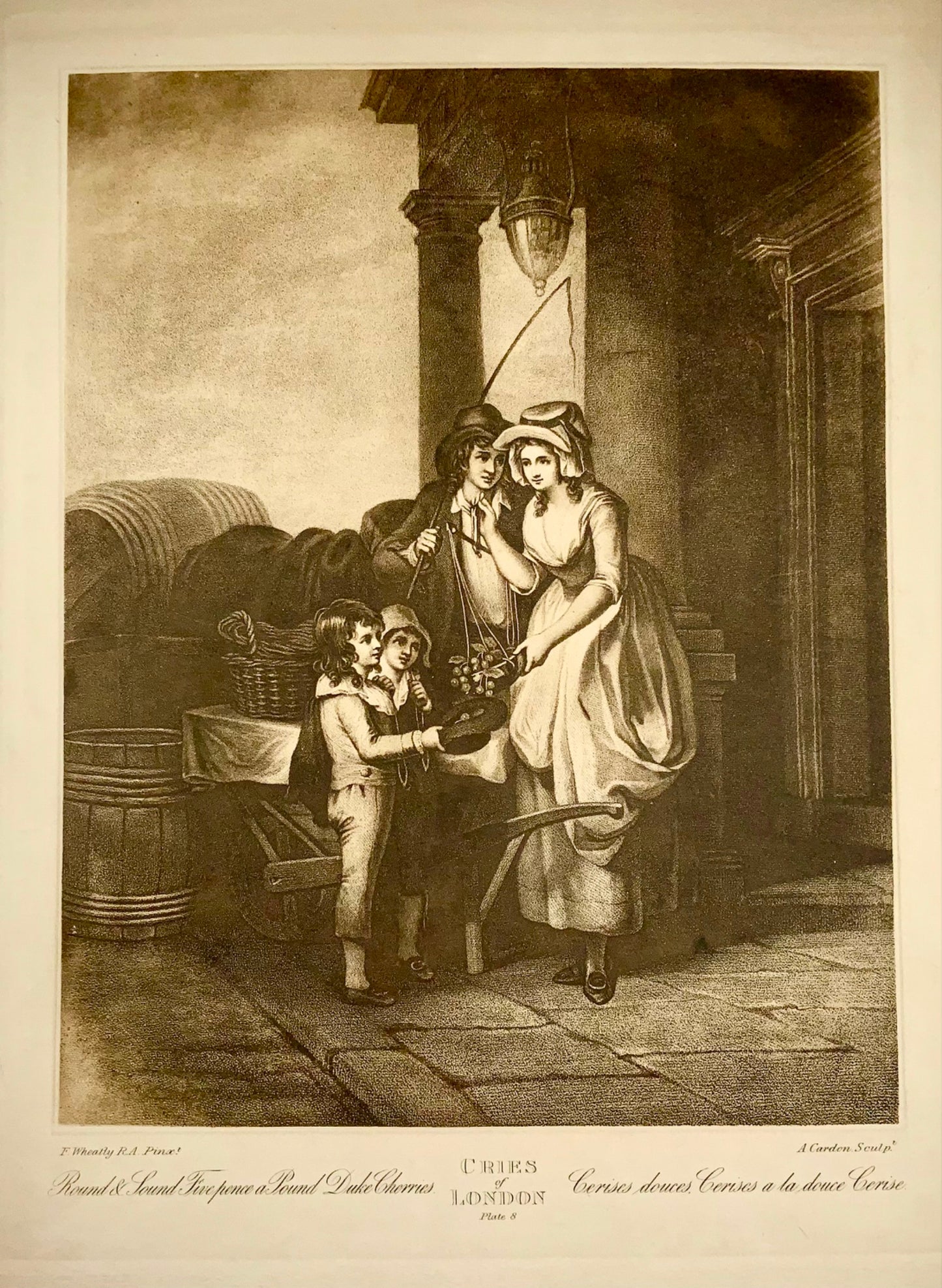 1795 Fr. Wheatley, Cries of London, Fruit Seller, grande gravure en pointillé in-folio, métiers