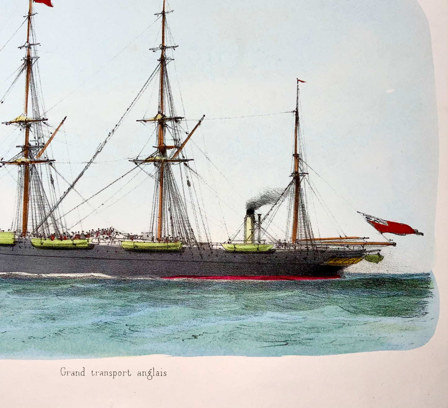 1860 c Transporteur anglais, bateau à vapeur, MFD, lithographie in-folio, couleur à la main