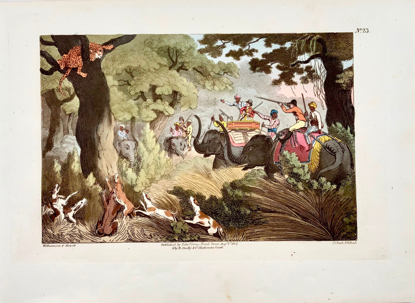 1807 Th. Williamson, The Tiger Hunt, hand coloured aquatint, sport, hunting