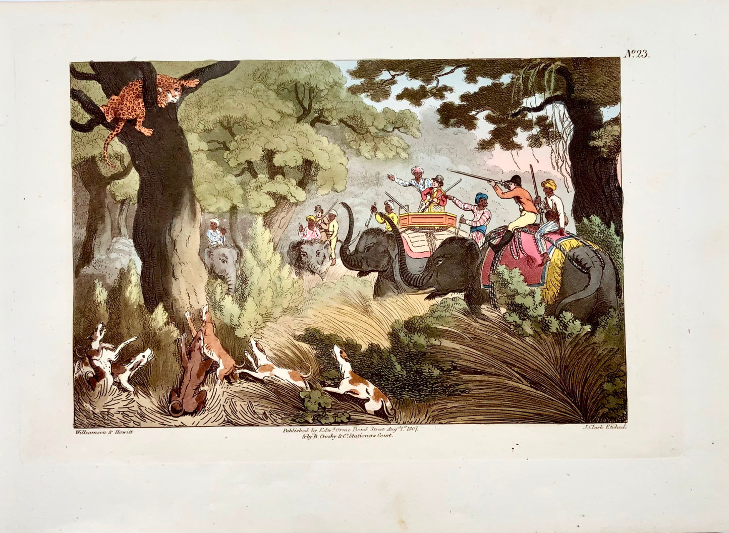 1807 gio. Williamson, The Tiger Hunt, acquatinta colorata a mano, sport, caccia