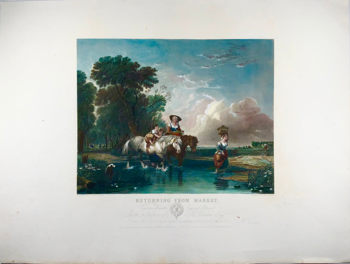 1845 Returning from Market, A.W. Calcott, very large 55cm coloured engraving, landscape