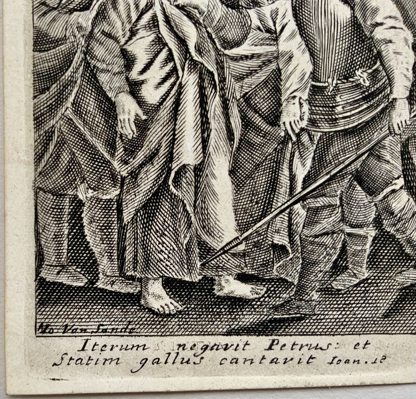 1630 Peter Denied, J. van de Sande (n.1600), incisione devozionale su pergamena, arte religiosa
