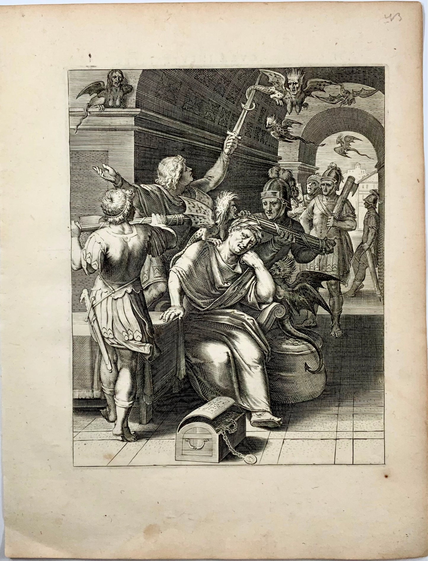 1612 Death, morbid cares, ars moriendi, devil, harpies, Otto van Veen engraving