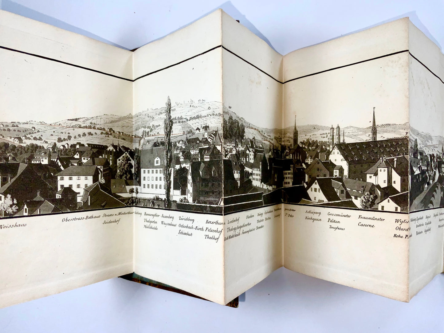 1810 H. Keller, Svizzera, acquatinta panoramica Zurigo mano col. 139cm