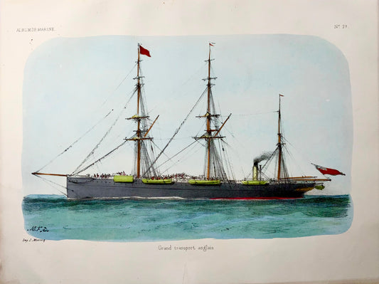 1860 c. Trasportatore inglese, nave a vapore, MFD, litografia in folio, colore a mano