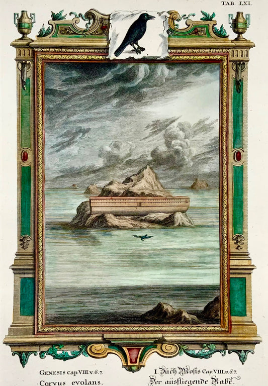 1735 Arche de Noé, corbeau, JJ Scheuchzer, gravure biblique, folio, coloré à la main