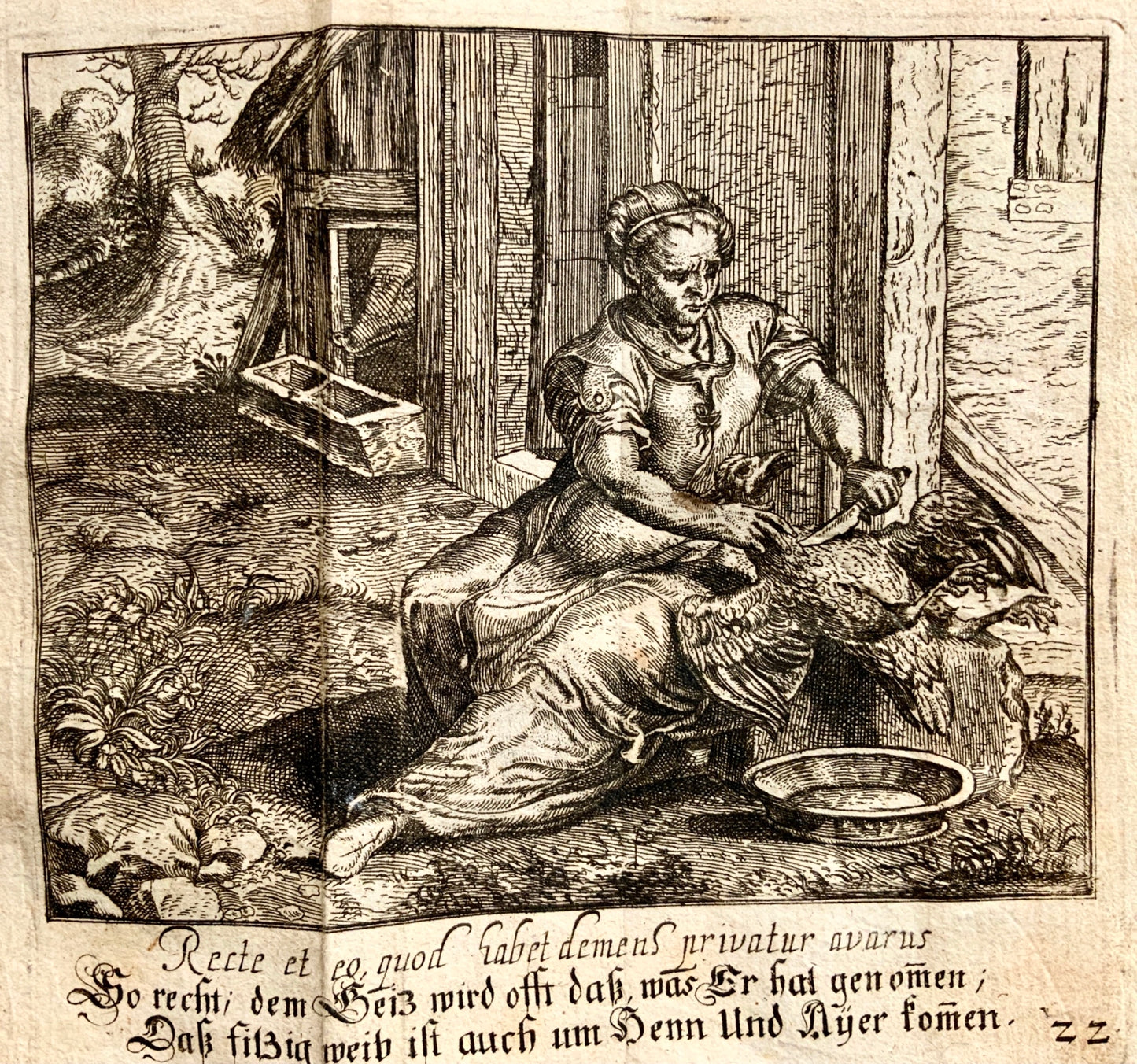 1689 Christoph Schmidts Emblematic engraving Farmer Preparing a Chicken - Food, Agriculture