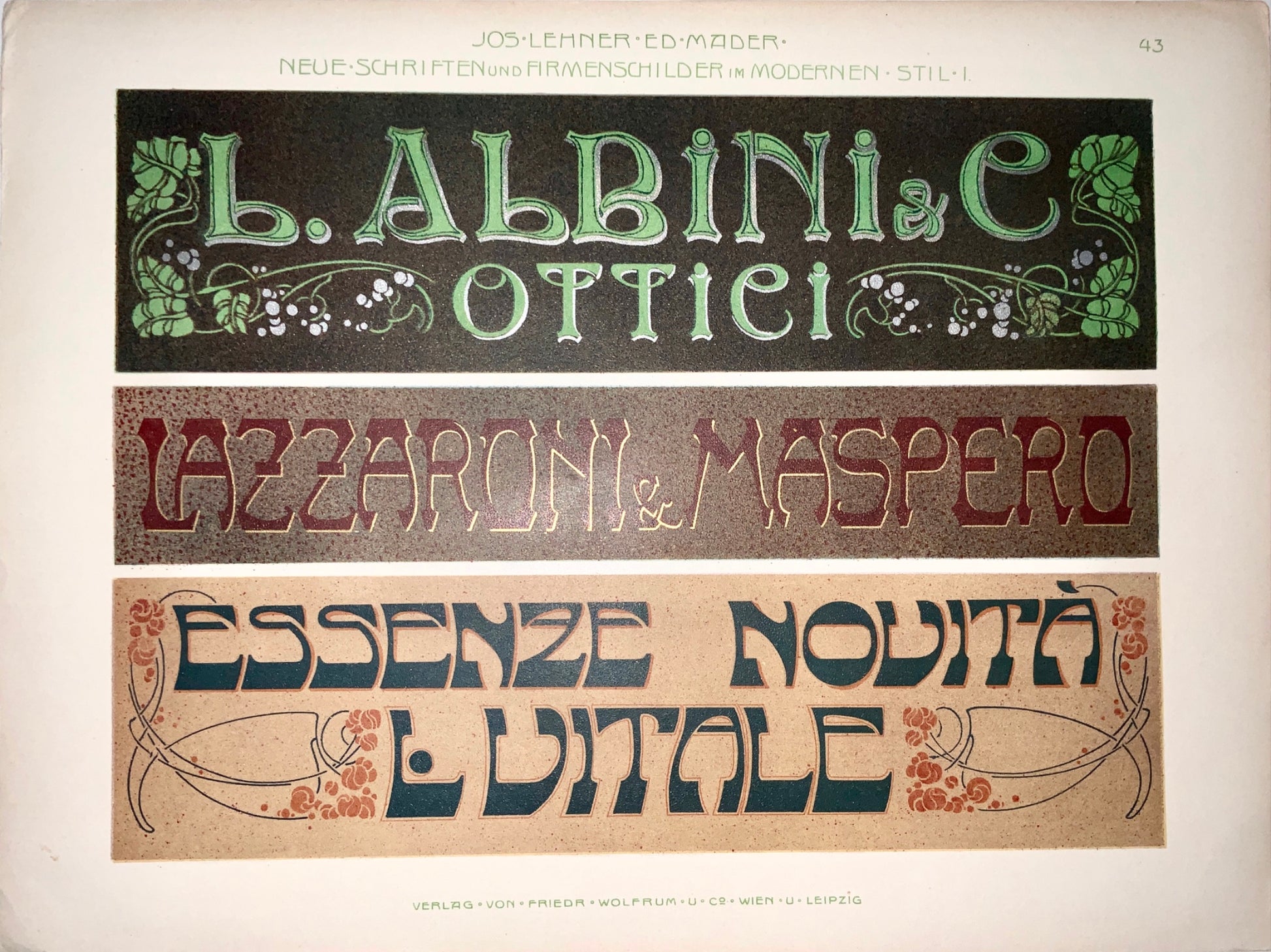 1890 JUGENDSTIL ADVERTISING Typography Italian Style - Lehner Mader 45 cm