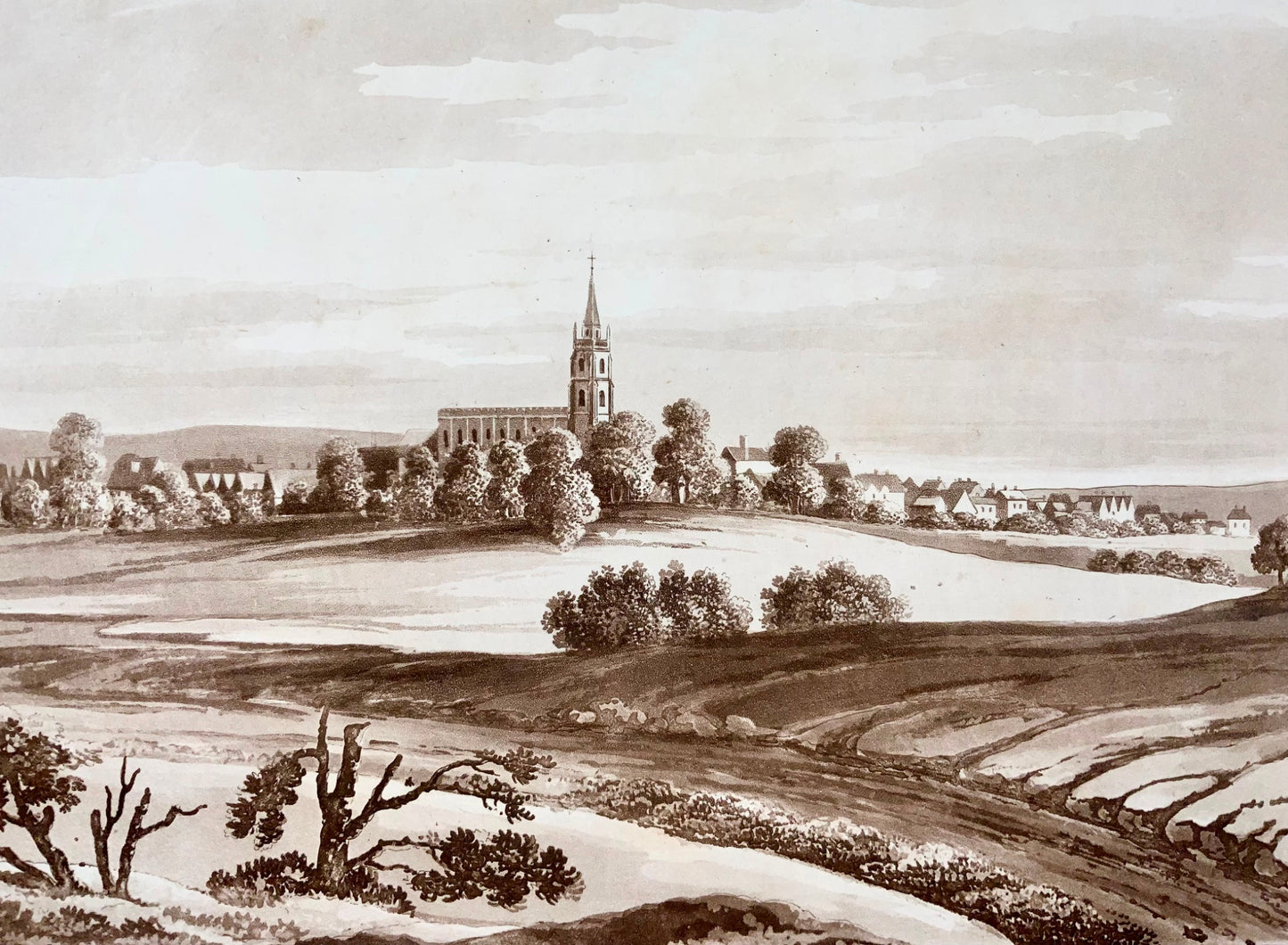 1821 Chelmsford, Essex, aquatinte sépia par Mawman d'après Shepherd