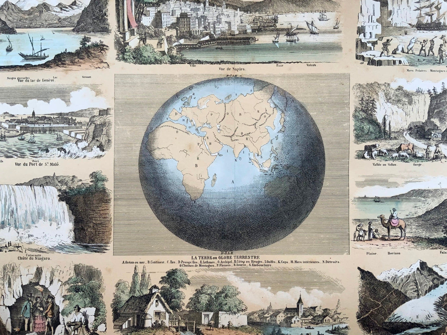 1862 WORLD MAP Géographie physique (Lithographed Maps with Vignettes)