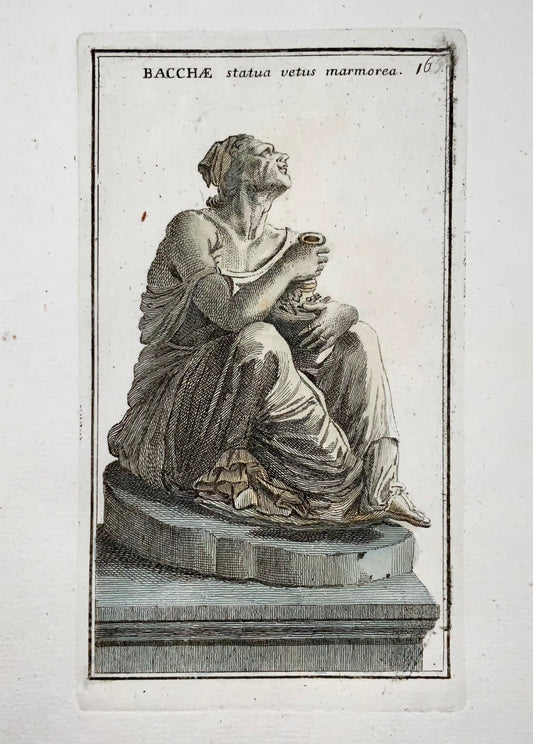 1779 GB Cannetti, Statua di Baccante, mitologia greca, incisione colorata a mano
