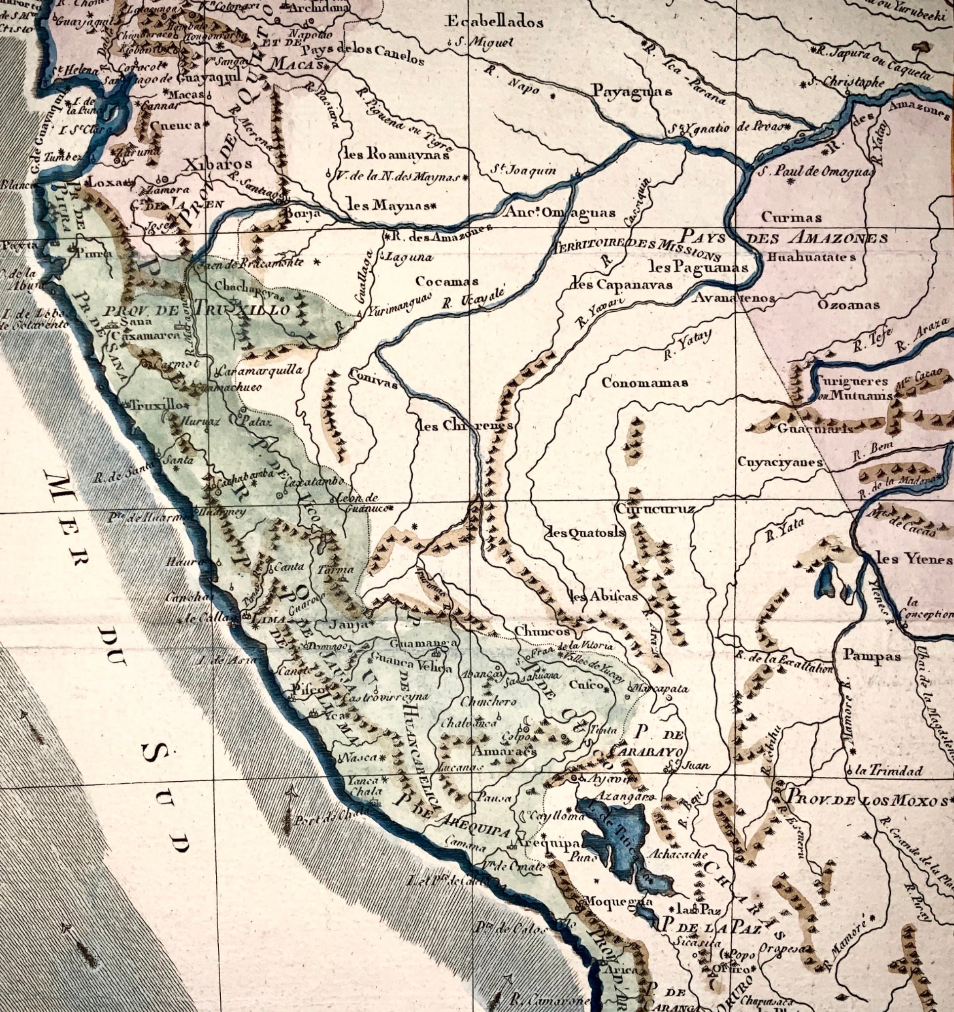 1780 Bonne - Antique Map PERU ‘Carte du Pérou’ Amazon - Handcoloured