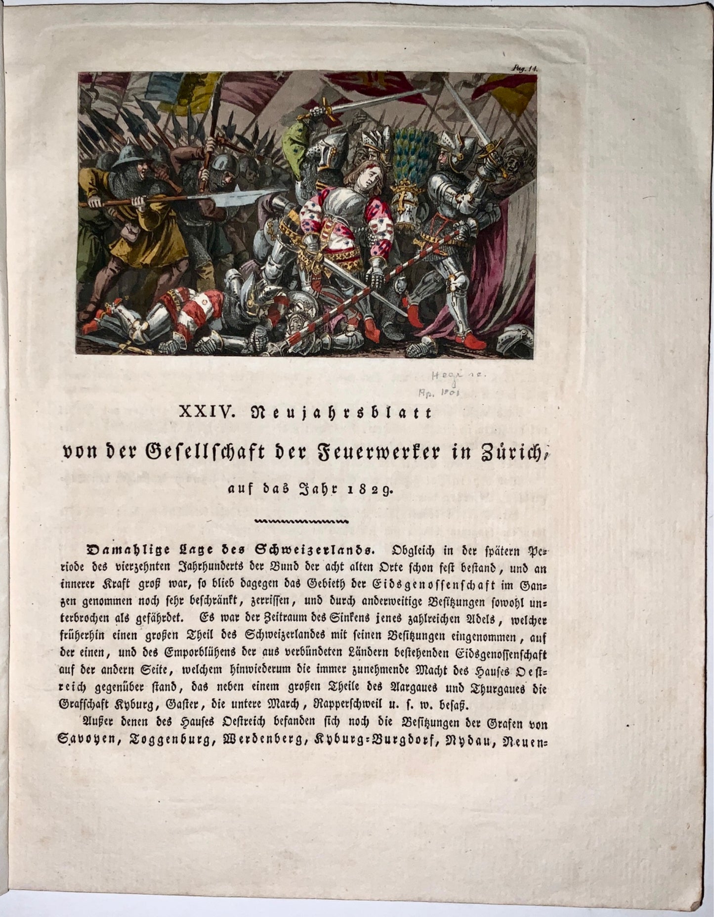 1829 The BATTLE of SEMPACH [1386] with Plan and hand coloured vignette - Book