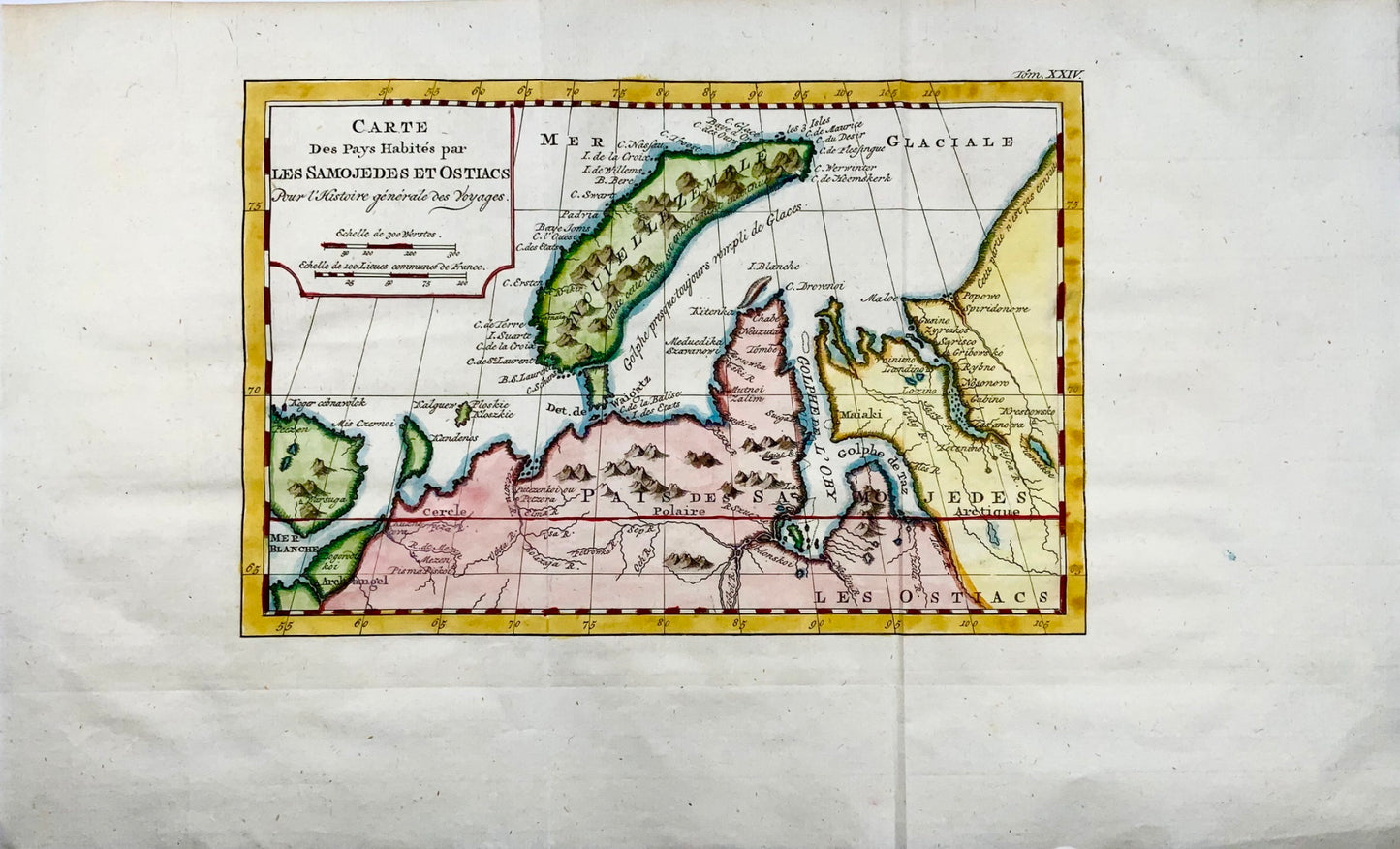 1757 Northern Russia, Novaya Zemlya, Samoyeds and Ostiacs, copper engraving, map