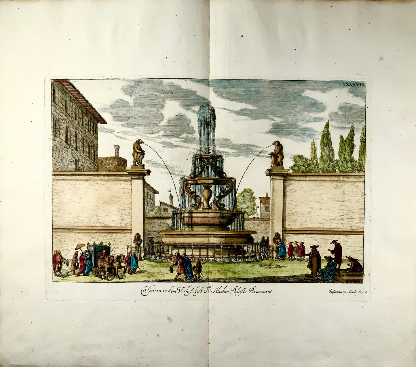 1679 Susanna von Sandrart, Fontana di Bracciano a Roma, Italia, doppio foglio colorato a mano, architettura classica