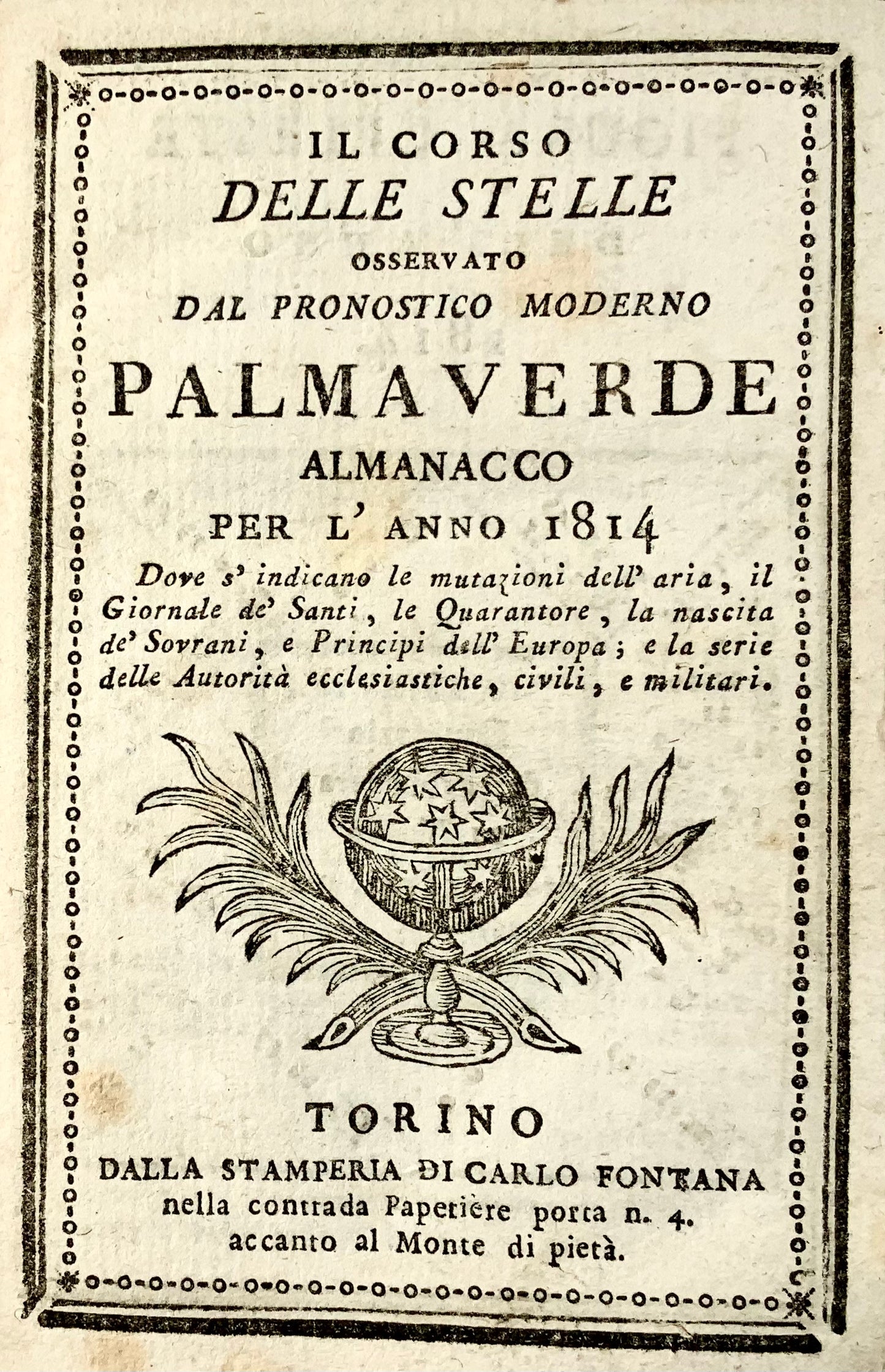 1814 Almanach astronomique, Palmaverde, Il Corso delle Stelle, gravures sur bois