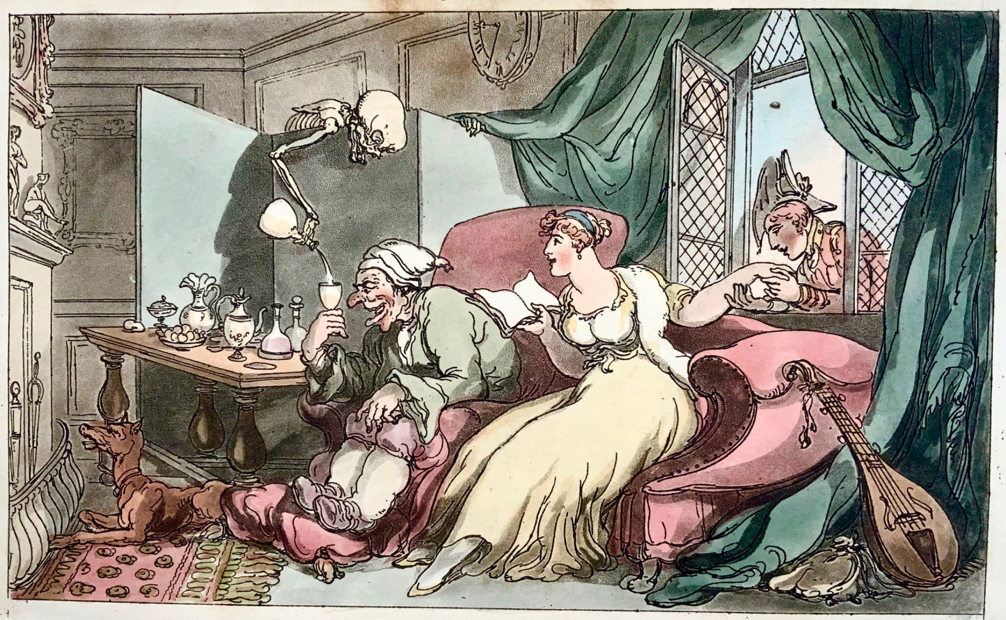 1815 Thomas Rowlandson, Danza della morte, caricatura, umorismo, acquatinta colorata a mano, l'ubriacone