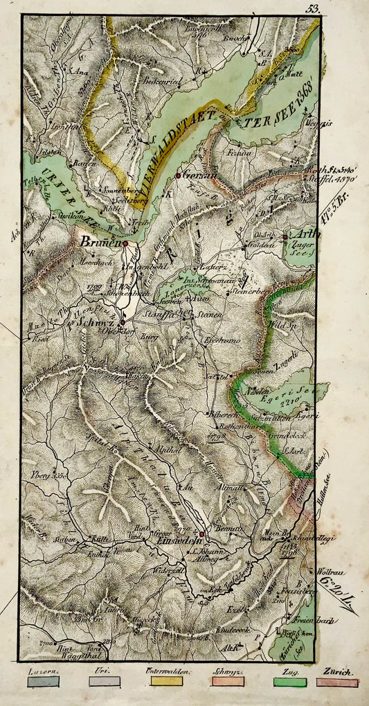 1840c Rara carta geografica dettagliata della Svizzera centrale, colorata a mano