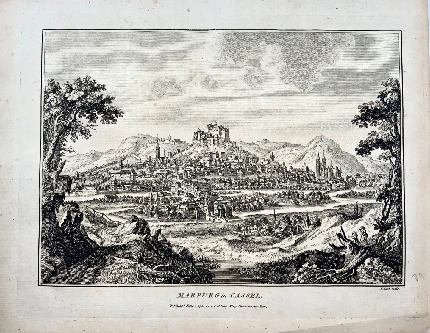1782 Marburg in Cassel, Germany, F. Cary, copper engraving, rare, travel