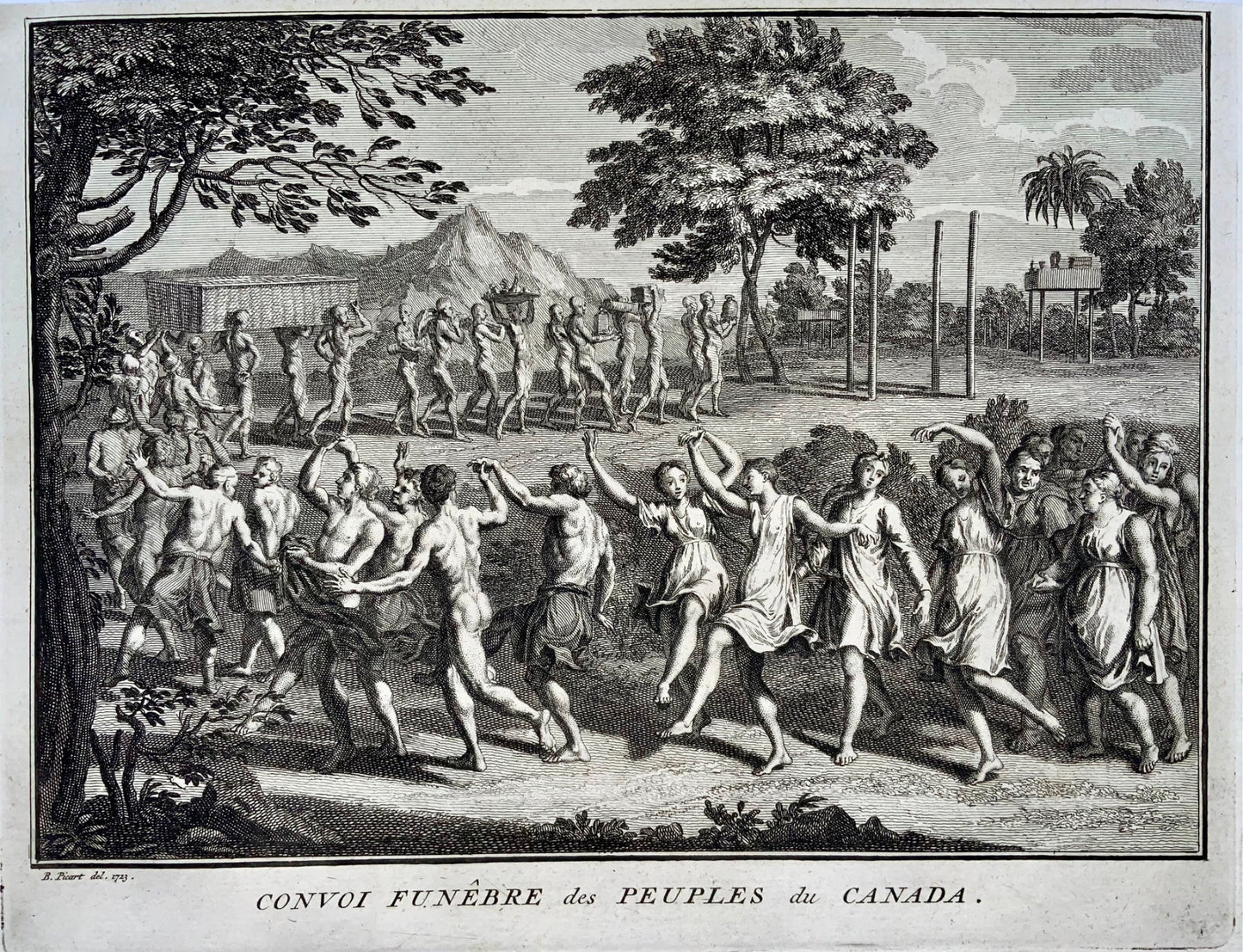 1723 Corteo funebre, Canada, indigeni, Bernard Picart, incisione su rame, etnologia