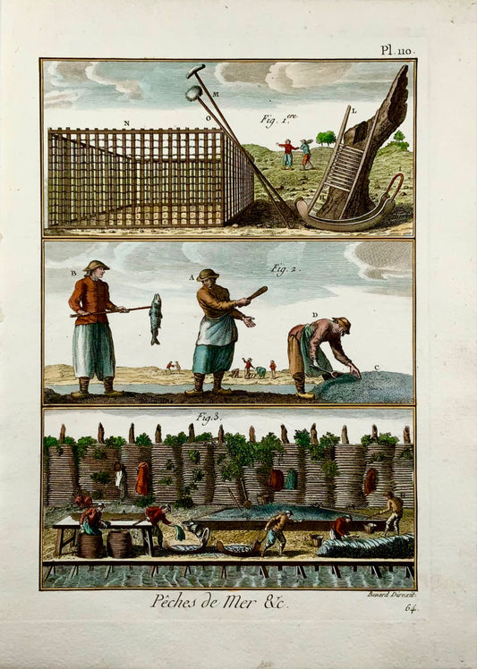 1793 Panckoucke, Pêche en mer, Transformation de la morue, coloriée à la main, in-quarto