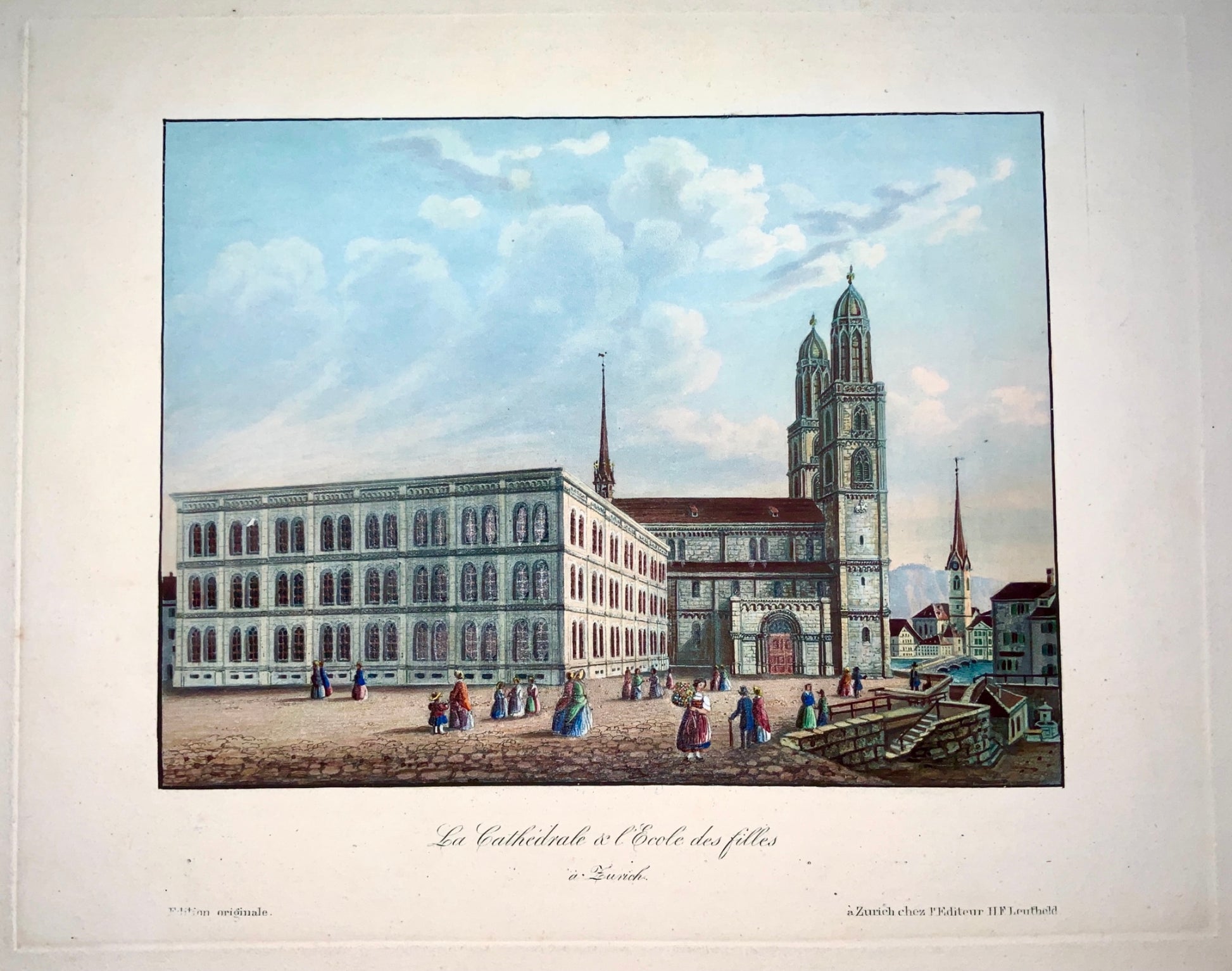 1839 Leuthhold - Large hand coloured aquatint Cathedral at Zurich Switzerland