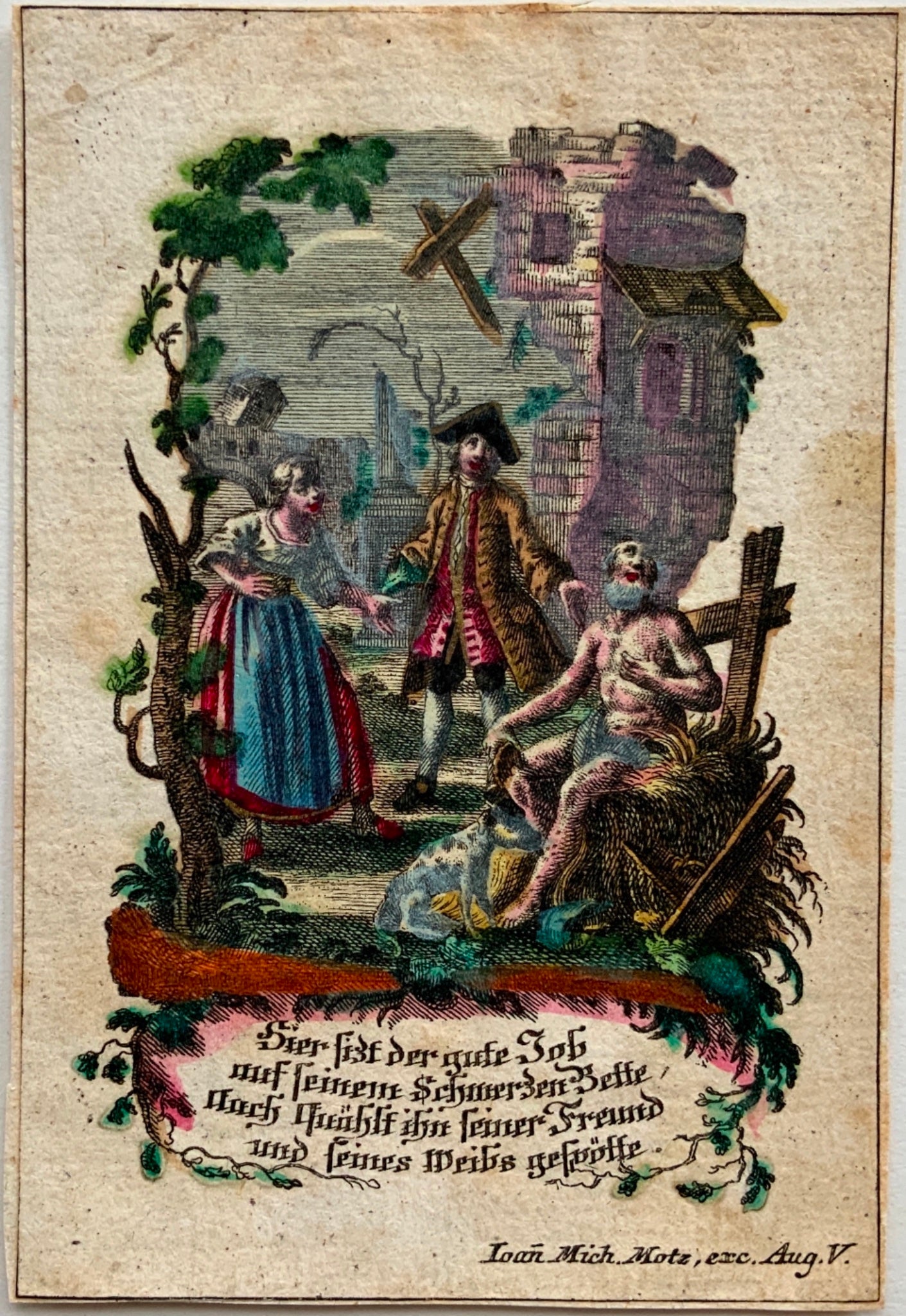 1730 GOOD JOB rare devotional card by Johann Michael Motz, hand coloured