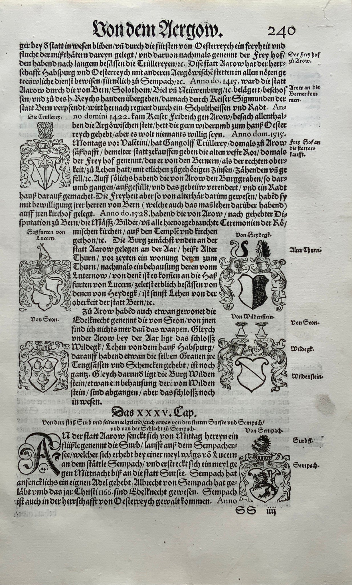 1548 Joh. Stumpf - Battle by Sempach Switzerland - Habsburg Wars - woodcut leaf - Military history