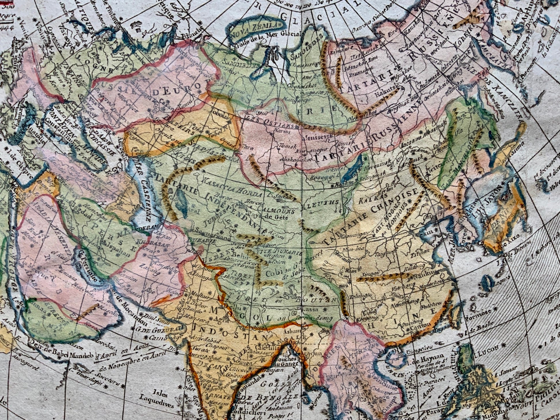 1780 Bonne - ASIA China, Russia, Siberia, India - hand coloured engraved map