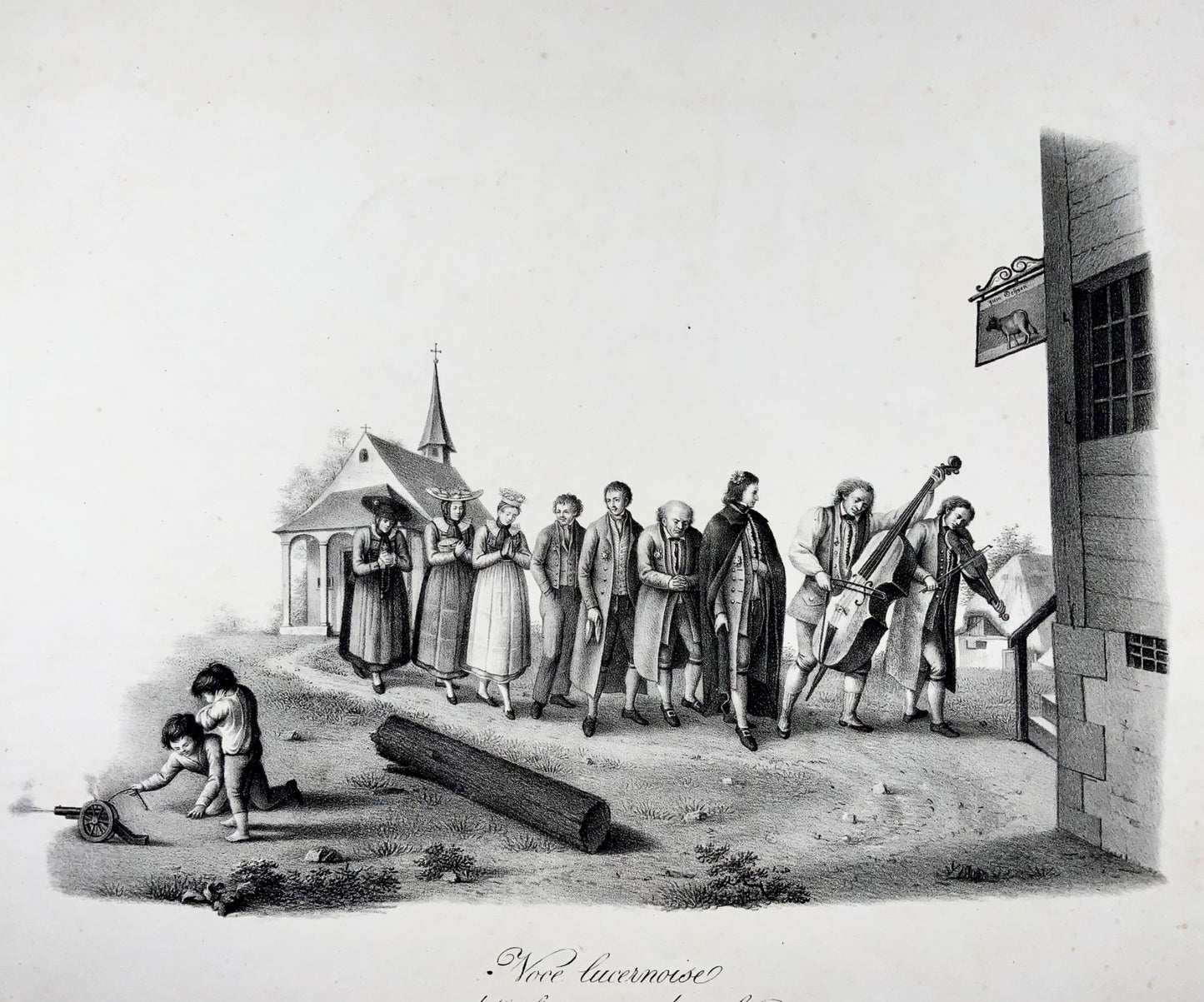 1820 Quitter la chapelle pour le Gasthaus, Lucerne Suisse lithographie 49cm