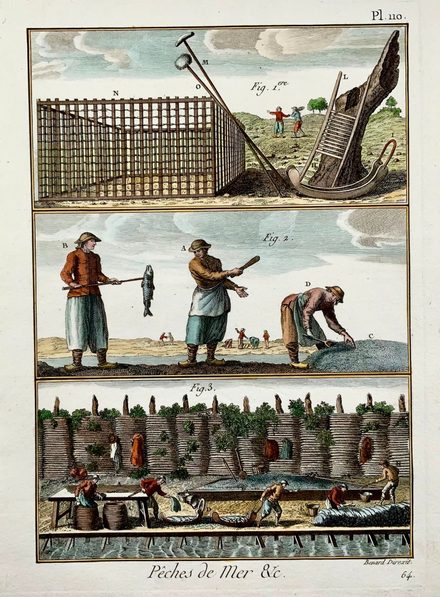 1793 Panckoucke, Pesca marittima, Lavorazione del merluzzo, colorato a mano, quarto
