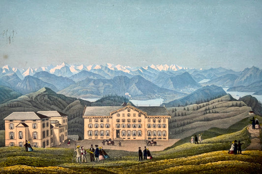 1850 Rigi Kulm, Dickenman, Suisse, aquatinte colorée