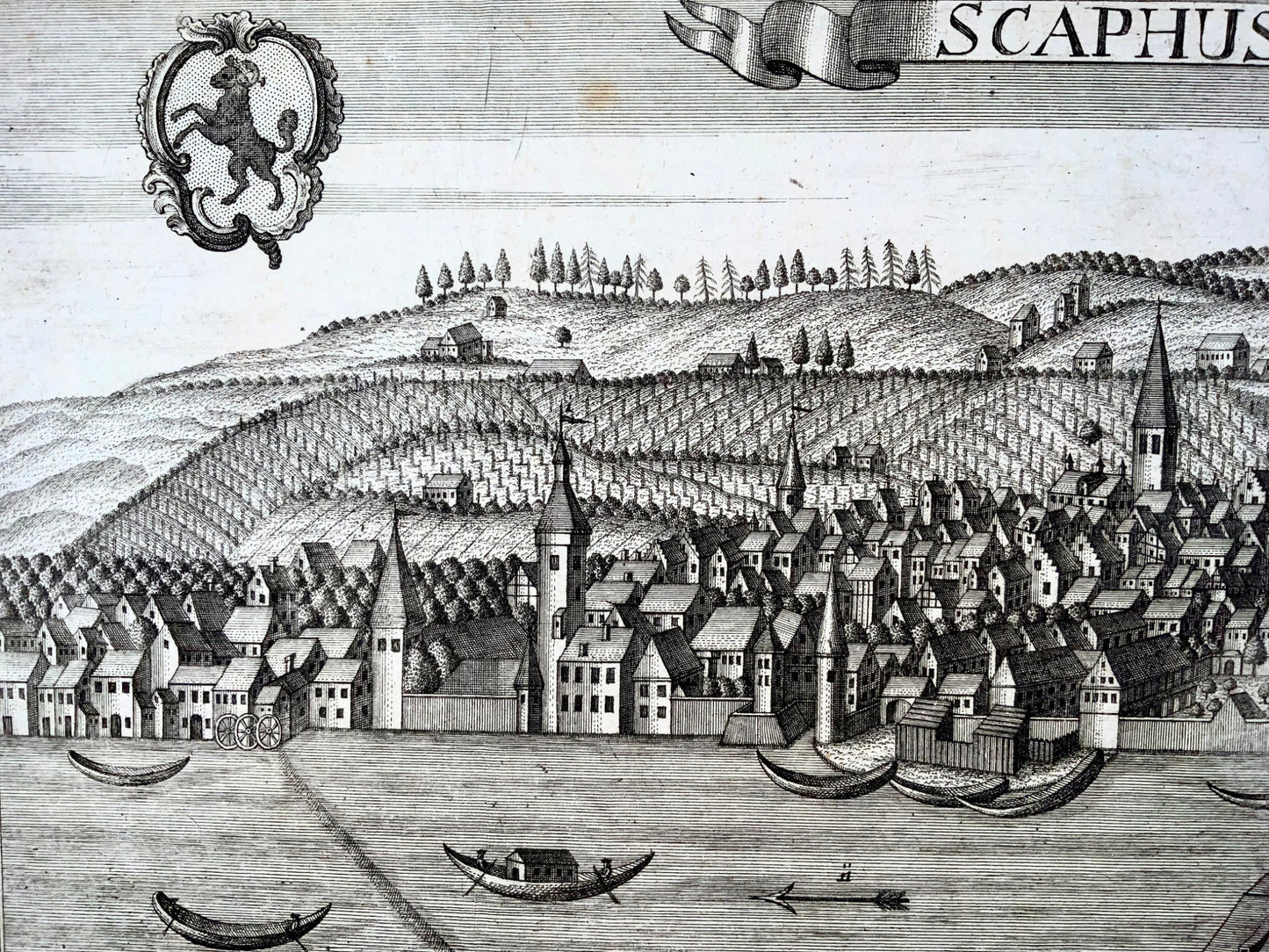 1730c Gio. cap. Haffner (1668-1754) - Scaphusia Schafhausen - panorama inciso - Mappa, Svizzera