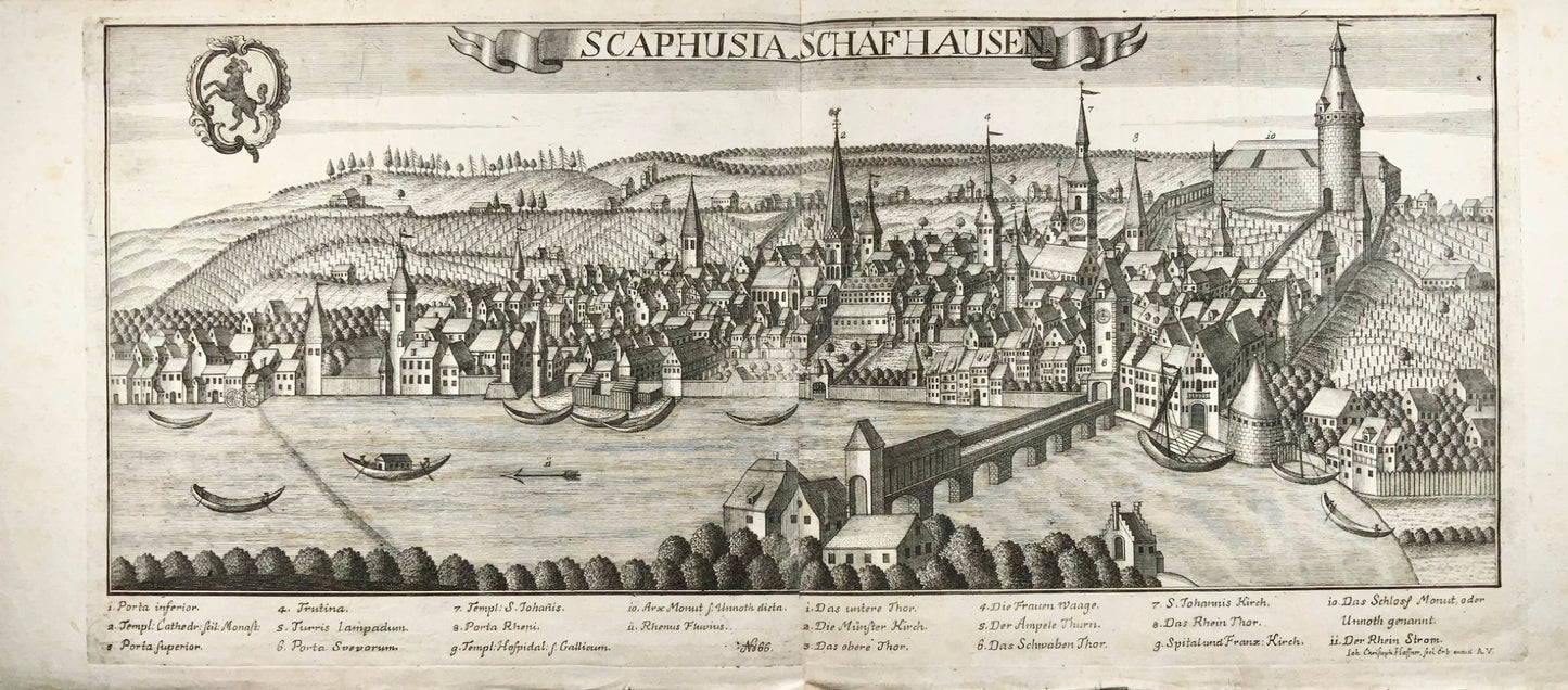 1730c Gio. cap. Haffner (1668-1754) - Scaphusia Schafhausen - panorama inciso - Mappa, Svizzera