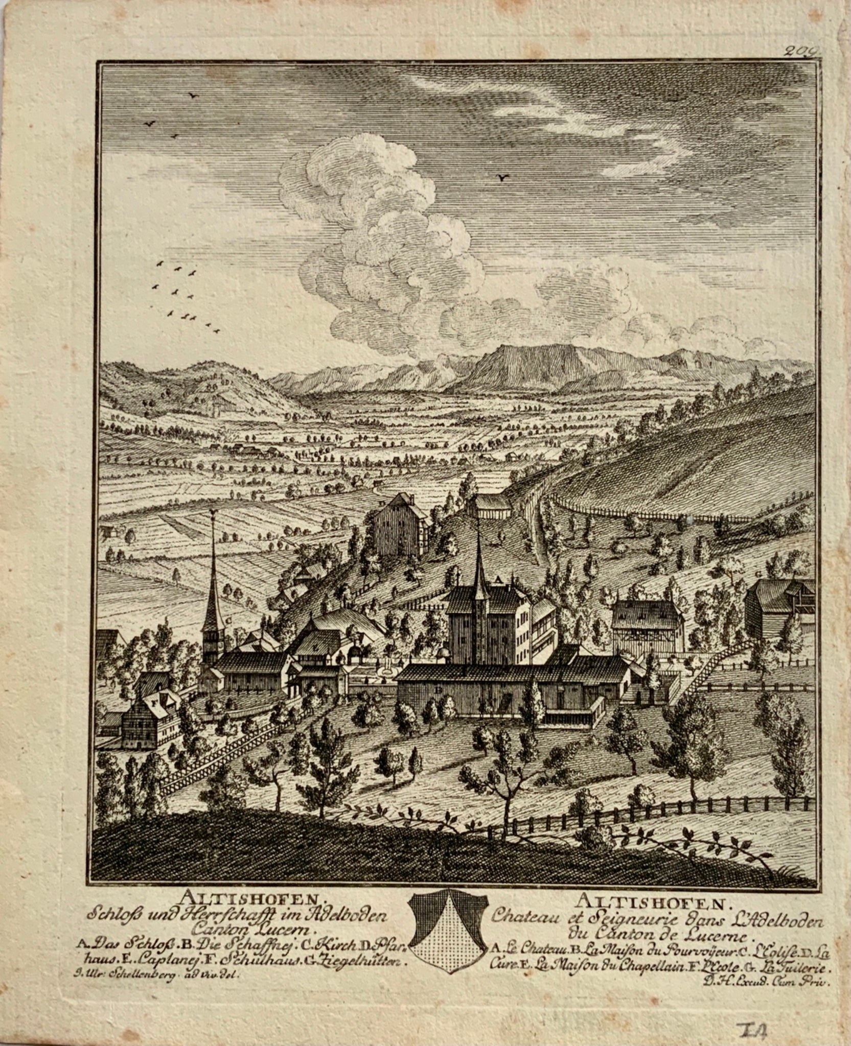 1758 J. Schellenberg Very rare view of ALTISHOFEN Lucerne Switzerland