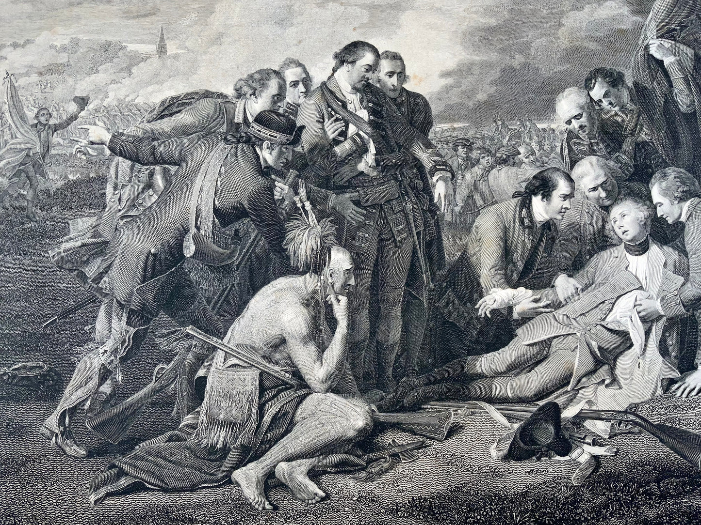 1789 "La Mort du Général Wolfe", eau-forte d'après Benjamin West, marouflée sur vélin - Art classique, Militaire